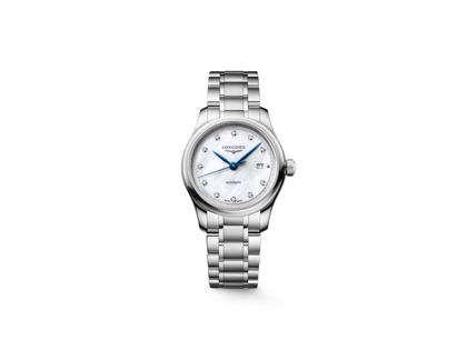 Longines Master Collection Automatik Edelstahl 30mm weißes Perlmutt-Zifferblatt mit Diamanten Metallband – Damenuhren Uhr mit Datum aus Edelstahl. Das Gehäuse ist rund und silber. Das Edelstahlarmband ist silber. Das Zifferblatt ist ein Index in weiß.