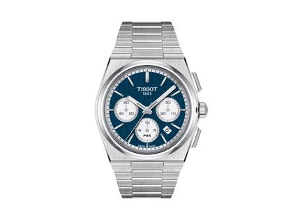 Herrenuhren Chronograph aus Edelstahl. Das Gehäuse ist rund und silber. Das Edelstahlarmband ist silber. Das Zifferblatt ist ein Index in blau.