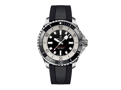 Breitling Superocean Automatic 44 Edelstahl schwarzes Zifferblatt schwarzes Kautschukband – Herrenuhren Uhr ohne Datum aus Edelstahl und Keramik. Das Gehäuse ist rund und silber. Das Kautschuk / Kunststoff / Silikon Armband ist schwarz. Das Zifferblatt ist ein Index in schwarz.