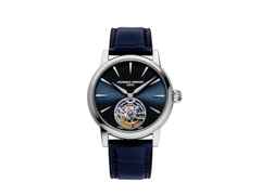 Frederique Constant Classic Tourbillon Manufacture Automatik Edelstahl 39mm blaues Zifferblatt blaues Lederband Limited Edition – Herrenuhren Uhr ohne Datum aus Edelstahl. Das Gehäuse ist rund und silber. Das Lederarmband Kroko / Alligator ist blau. Das Zifferblatt ist ein Index in blau.