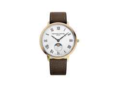 Frederique Constant Classics Moonphase Quarz Edelstahl GG-PVD 39mm weißes Zifferblatt braunes Lederband – Herrenuhren Uhr ohne Datum aus Edelstahl, Leder und PVD beschichtet. Das Gehäuse ist rund und gelbgold. Das Lederarmband ist braun. Das Zifferblatt ist römisch und weiß.