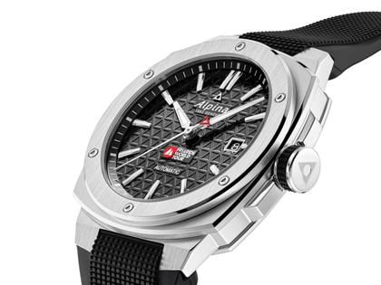 Alpina Alpiner Extreme Freeride World Tour Automatik Edelstahl 41mm schwarzes Zifferblatt schwarzes Kautschukband – Herrenuhren Uhr mit Datum aus Edelstahl und Kautschuk. Das Gehäuse ist rund und silber. Das Kautschuk / Kunststoff / Silikon Armband ist schwarz. Das Zifferblatt ist ein Index in schwarz. – Ansicht 2