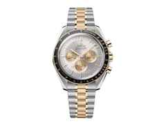 Omega Speedmaster Moonwatch Professional Chronograph Handaufzug Edelstahl 42mm silberfarbenes Zifferblatt zweifarbiges Metallband – Herrenuhren Chronograph aus 750 Gelbgold, Edelstahl und Keramik. Das Gehäuse ist rund und silber. Das Edelstahlarmband mit Gold ist silber-gelbgold. Das Zifferblatt ist ein Index in silber.