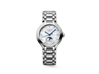 Longines PrimaLuna Mondphase Automatik Edelstahl 34mm Perlmutt-Zifferblatt mit Brillanten Metallband – Damenuhren Uhr mit Datum aus Edelstahl. Das Gehäuse ist rund und silber. Das Edelstahlarmband ist silber. Das Zifferblatt ist ein Index in weiß.