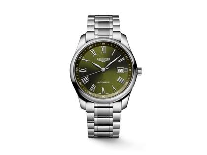 Longines Master Collection Automatik Edelstahl 40mm grünes Zifferblatt Metallband – Herrenuhren Uhr mit Datum aus Edelstahl. Das Gehäuse ist rund und silber. Das Edelstahlarmband ist silber. Das Zifferblatt ist römisch und grün.