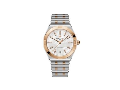 Breitling Chronomat 36 Automatik Edelstahl weißes Perlmutt-Zifferblatt mit Brillanten Metallband – Damenuhren Uhr mit Datum aus 750 Rotgold und Edelstahl. Das Gehäuse ist rund und silber. Das Edelstahlarmband ist silber-roségold. Das Zifferblatt ist ein Index in weiß.