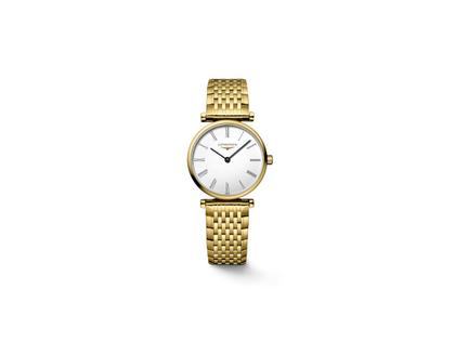 Longines La Grande Classique Quarz Edelstahl Gelbgold-PVD 24mm weißes Zifferblatt Metallband – Damenuhren Uhr ohne Datum aus Edelstahl und PVD beschichtet. Das Armband ist ein vergoldetes Edelstahlarmband. Der Zifferblatt ist römisch.