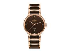 Rado Centrix Diamonds Automatik Edelstahl Roségold-PVD 39,5mm braunes Zifferblatt mit Brillanten Metallband – Herrenuhren Uhr mit Datum aus Edelstahl, Keramik und PVD beschichtet. Das Gehäuse ist rund und roségold. Das Keramikarmband ist braun. Das Zifferblatt ist ein Index in braun.