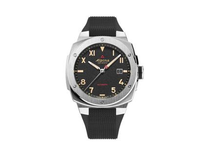 Alpina Alpiner Extreme Automatik Edelstahl 41mm California schwarzes Zifferblatt schwarzes Kautschukband – Herrenuhren Uhr mit Datum aus Edelstahl und Kautschuk. Das Gehäuse ist rund und silber. Das Kautschuk / Kunststoff / Silikon Armband ist schwarz. Das Zifferblatt ist arabisch römisch und schwarz.