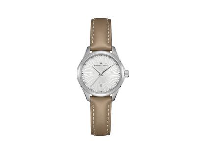 Hamilton Jazzmaster Lady Quarz Edelstahl 30mm weißes Zifferblatt braunes Lederband – Damenuhren Uhr mit Datum aus Edelstahl und Leder. Das Gehäuse ist rund und silber. Das Lederarmband ist braun. Das Zifferblatt ist weiß.