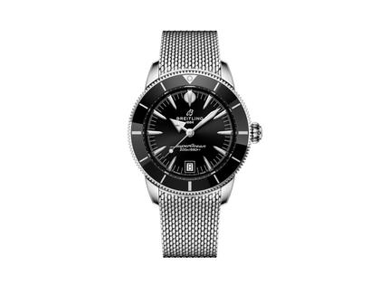Breitling Superocean Heritage B31 Automatik Edelstahl 40mm schwarzes Zifferblatt Metallband – Herrenuhren Uhr mit Datum aus Edelstahl und Keramik. Das Gehäuse ist rund und silber. Das Edelstahlarmband ist silber. Das Zifferblatt ist ein Index in schwarz.