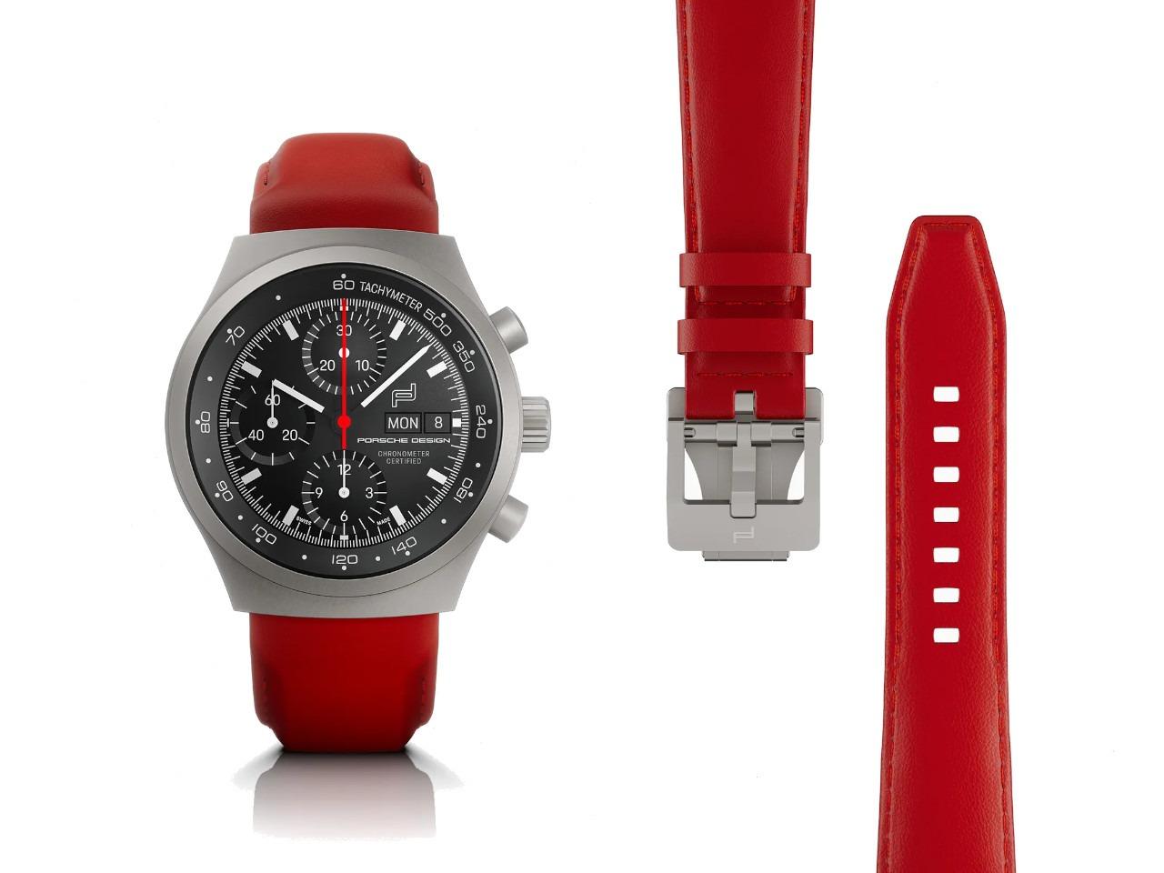 Porsche Design Chronograph 1 - All Titanium Numbered Edition Automatik Titan 40mm schwarzes Zifferblatt rotes Lederband – Herrenuhren Chronograph aus Leder und Titan. Das Gehäuse ist rund und grau. Das Lederarmband ist rot. Das Zifferblatt ist ein Index in schwarz. – Ansicht 2