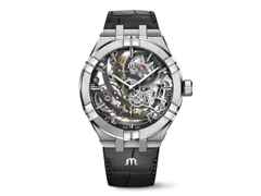 Maurice Lacroix Aikon Skeleton Automatik Edelstahl 45mm skelettiertes Zifferblatt schwarzes Lederband – Herrenuhren Uhr ohne Datum aus Edelstahl. Das Gehäuse ist rund und silber. Das Lederarmband Kroko / Alligator ist schwarz. Das Zifferblatt ist ein Index in schwarz.