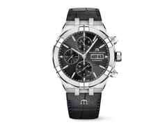 Maurice Lacroix Aikon Chronograph Automatik Edelstahl 44mm schwarzes Zifferblatt schwarzes Lederband – Herrenuhren Chronograph aus Edelstahl. Das Gehäuse ist rund und silber. Das Lederarmband ist schwarz. Das Zifferblatt ist ein Index in schwarz.