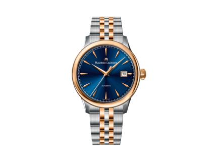 Maurice Lacroix 1975 Automatik Edelstahl 40mm blaues Zifferblatt zweifarbiges Metallband – Herrenuhren Uhr mit Datum aus Edelstahl und PVD beschichtet. Das Gehäuse ist rund und silber. Das Edelstahlarmband ist silber-roségold. Das Zifferblatt ist ein Index in blau.
