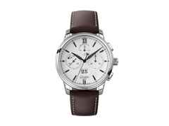 Glashütte Original Senator Chronograph Panoramadatum Automatik Edelstahl 42mm weißes Zifferblatt braunes Lederband – Herrenuhren Chronograph aus 950 Platin. Das Gehäuse ist rund und silber. Das Lederarmband ist braun. Das Zifferblatt ist römisch Index und weiß.