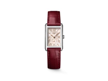 Longines DolceVita Quarz Edelstahl 21x32mm elfenbeinfarbenes Zifferblatt rotes Lederband – Damenuhren Uhr ohne Datum aus Edelstahl und Leder. Das Gehäuse ist rechteckig und silber. Das Lederarmband ist rotgold. Das Zifferblatt ist römisch und beige.