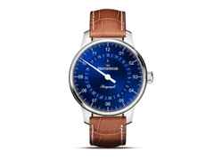MeisterSinger Perigraph 38 Automatik Edelstahl blau Lederband braun – Herrenuhren Uhr mit Datum aus Edelstahl und Leder. Das Gehäuse ist rund und silber. Das Lederarmband ist braun. Das Zifferblatt ist arabisch und blau.
