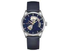 Hamilton Jazzmaster Open Heart Automatik Edelstahl 42mm blaues Zifferblatt blaues Lederband – Herrenuhren Uhr ohne Datum aus Edelstahl. Das Gehäuse ist rund und silber. Das Lederarmband ist blau. Das Zifferblatt ist ein Index in blau.