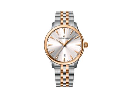 Maurice Lacroix 1975 Duoton Quarz Edelstahl 39mm silberfarbenes Zifferblatt zweifarbiges Metallband – Herrenuhren Uhr mit Datum aus Edelstahl und PVD beschichtet. Das Gehäuse ist rund und silber. Das Edelstahlarmband ist silber-roségold. Das Zifferblatt ist ein Index in silber.