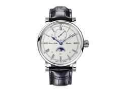 Erwin Sattler Classica Lunaris Automatik Edelstahl 44mm silbernes Zifferblatt schwarzes Lederband – Herrenuhren Uhr ohne Datum aus Edelstahl. Das Gehäuse ist rund und silber. Das Lederarmband ist schwarz. Das Zifferblatt ist ein Index in silber.