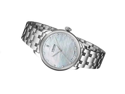 Union Glashütte Seris  Datum Damenuhr weißes Perlmuttzifferblatt und Brillanten Edelstahlband – Damenuhren Uhr mit Datum aus Edelstahl und Leder. Das Gehäuse ist rund und silber. Das Edelstahlarmband ist silber. Das Zifferblatt ist ein Index in weiß. – Ansicht 2