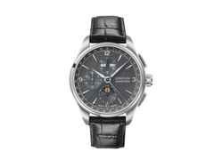 Union Glashütte Belisar Chronograph Mondphase Automatik Edelstahl 42mm graues Zifferblatt schwarzes Lederband – Herrenuhren Chronograph aus Edelstahl. Das Gehäuse ist rund und silber. Das Lederarmband ist schwarz. Das Zifferblatt ist arabisch Index und grau.