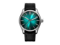 H. Moser & Cie. Pioneer Centre Seconds Fumé Blue Lagoon Mega Cool Automatik Edelstahl 42,8mm türkises Zifferblatt türkises Textilband – Herrenuhren Uhr ohne Datum aus Edelstahl. Das Gehäuse ist rund und silber. Das Textilarmband ist schwarz. Das Zifferblatt ist ein Index in grün. – Ansicht 2