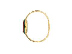 Gucci Play Quarz Edelstahl Gelbgold-PVD 28mm weißes Zifferblatt goldfarbene Armspange – Damenuhren Uhr ohne Datum aus Edelstahl, Keramik und PVD beschichtet. Das Gehäuse ist rund und gelbgold. Das Edelstahlarmband ist gelbgold. Das Zifferblatt ist ein Index in weiß. – Ansicht 3