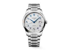 Longines Master Collection Arabic Dial Automatik Edelstahl 41mm silbernes Zifferblatt Metallband – Herrenuhren Uhr mit Datum aus Edelstahl. Das Gehäuse ist rund und silber. Das Edelstahlarmband ist silber. Das Zifferblatt ist arabisch und silber.