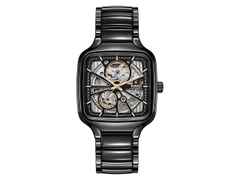 Rado True Square Open Heart Automatik Keramik 38mm skelettiertes Zifferblatt Keramikband – Herrenuhren Uhr ohne Datum aus Keramik. Das Gehäuse ist quadratisch und grau. Das Keramikarmband ist grau. Das Zifferblatt ist skelettiert und schwarz.
