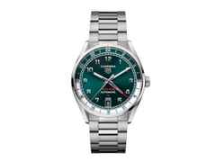 TAG Heuer Carrera Date Twin-Time Automatik Edelstahl 41mm petrolfarbenes Zifferblatt Metallband – Herrenuhren Uhr mit Datum aus Edelstahl. Das Gehäuse ist rund und silber. Das Edelstahlarmband ist silber. Das Zifferblatt ist ein Index in blau.