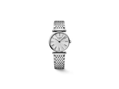 Longines La Grande Classique Quarz Edelstahl 24mm silbernes Zifferblatt Metallband – Damenuhren Uhr ohne Datum aus Edelstahl. Das Armband ist ein Edelstahlarmband. Der Zifferblatt ist römisch.