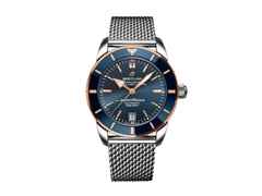 Breitling Superocean Heritage B20 Automatic 42 Edelstahl blaues Zifferblatt Metallband – Herrenuhren Uhr mit Datum aus 750 Rotgold, Edelstahl und Keramik. Das Gehäuse ist rund und silber-roségold. Das Edelstahlarmband ist silber. Das Zifferblatt ist ein Index in blau.