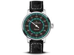 MeisterSinger Perigraph Edelstahl schwarzes Zifferblatt petrolfarbenes Datum schwarzes Lederband – Herrenuhren Uhr mit Datum aus Edelstahl. Das Gehäuse ist rund und silber. Das Lederarmband ist schwarz. Das Zifferblatt ist arabisch und schwarz.