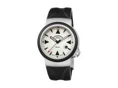 Mühle Glashütte S.A.R. Rescue-Timer LUMEN Automatik 42mm beiges Zifferblatt schwarzes Kautschukband – Herrenuhren Uhr mit Datum aus Edelstahl und Kautschuk. Das Gehäuse ist rund und silber. Das Kautschuk / Kunststoff / Silikon Armband ist schwarz. Das Zifferblatt ist ein Index in weiß.