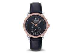 Union Glashütte Seris  Damenuhr kleine Sekunde mit Datum Stahl Gold schwarzes Zifferblatt Brillanten schwarzes Lederband – Damenuhren Uhr mit Datum aus 750 Rotgold und Edelstahl. Das Gehäuse ist rund und silber. Das Lederarmband ist schwarz. Das Zifferblatt ist ein Index in schwarz.