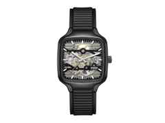 Rado True Square Skeleton Automatik Keramik 38mm skelettiertes Zifferblatt schwarzes Kautschukband – Herrenuhren Uhr ohne Datum aus Edelstahl, Keramik, PVD beschichtet und Titan. Das Gehäuse ist quadratisch und schwarz. Das Kautschuk / Kunststoff / Silikon Armband ist schwarz. Das Zifferblatt ist skelettiert und schwarz.