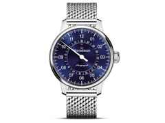 MeisterSinger Perigraph blau, 43mm, Milanaiseband klassisch – Herrenuhren Uhr mit Datum aus Edelstahl. Das Gehäuse ist rund und silber. Das Edelstahlarmband ist silber. Das Zifferblatt ist arabisch und blau.
