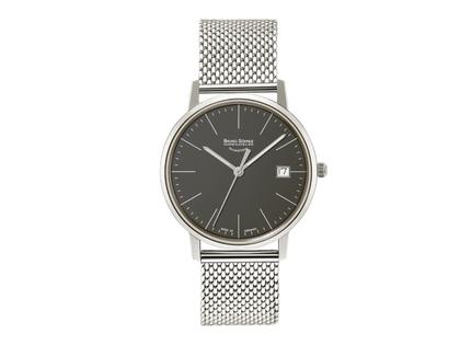 Bruno Söhnle Glashütte Stuttgart I SMALL Quarz grau Index Milanaiseband – Damenuhren Uhr mit Datum aus Edelstahl und Leder. Das Gehäuse ist rund und silber. Das Edelstahlarmband ist silber. Das Zifferblatt ist ein Index in grau.