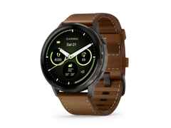 Garmin Venu 4 Quarz Edelstahl und Polymer Schiefergrau 45mm digitales Zifferblatt braunes Lederband – Herrenuhren Uhr Multifunktion aus Edelstahl, Faserverstärktes Polymer und PVD beschichtet. Das Gehäuse ist rund und anthrazit. Das Lederarmband ist braun. Das Zifferblatt ist digital und schwarz. – Ansicht 2