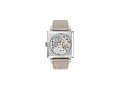 Nomos Glashütte Tetra Origins Salvia Handaufzug Edelstahl 29,5mm grünes Zifferblatt graues Lederband Glasboden – Damenuhren Uhr ohne Datum aus Edelstahl und Leder. Das Gehäuse ist quadratisch und silber. Das Lederarmband ist grau. Das Zifferblatt ist arabisch Index und grün. – Ansicht 2