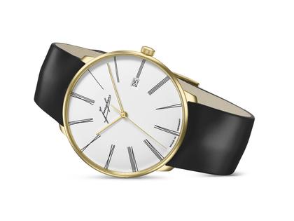Junghans Meister fein Automatic Edition Erhard Gelbgold 39,5mm weißes Zifferblatt schwarzes Lederband – Herrenuhren Uhr mit Datum aus 750 Gelbgold. Das Gehäuse ist rund und gelbgold. Das Lederarmband ist schwarz. Das Zifferblatt ist römisch und weiß. – Ansicht 3