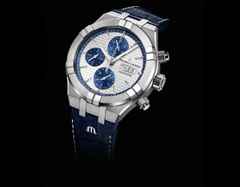 Maurice Lacroix Aikon Chronograph Automatik Edelstahl 44mm silbernes Zifferblatt blaues Lederband – Herrenuhren Chronograph aus Edelstahl. Das Gehäuse ist rund und silber. Das Lederarmband ist blau. Das Zifferblatt ist ein Index in silber. – Ansicht 2