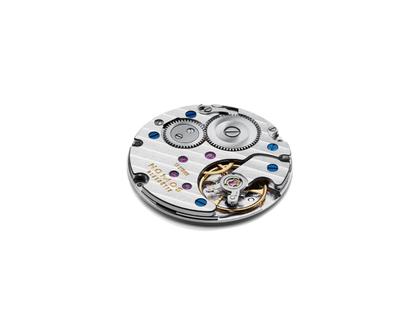 Nomos Glashütte Ludwig 38 Handaufzug Edelstahl weißes Zifferblatt schwarzes Lederband Stahlboden – Herrenuhren Uhr ohne Datum aus Edelstahl. Das Gehäuse ist rund und silber. Das Lederarmband ist braun. Das Zifferblatt ist römisch Index und weiß. – Ansicht 5