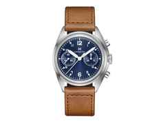 Hamilton Khaki Aviation Pilot Pioneer Mechanical Chrono Handaufzug Edelstahl 40mm blaues Zifferblatt braunes Lederband – Herrenuhren Chronograph aus Edelstahl und Leder. Das Gehäuse ist rund und silber. Das Lederarmband ist braun. Das Zifferblatt ist arabisch Index und blau.