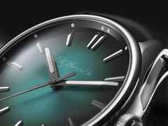 H. Moser & Cie. Pioneer Centre Seconds Fumé Blue Lagoon Mega Cool Automatik Edelstahl 42,8mm türkises Zifferblatt türkises Textilband – Herrenuhren Uhr ohne Datum aus Edelstahl. Das Gehäuse ist rund und silber. Das Textilarmband ist schwarz. Das Zifferblatt ist ein Index in grün. – Ansicht 4