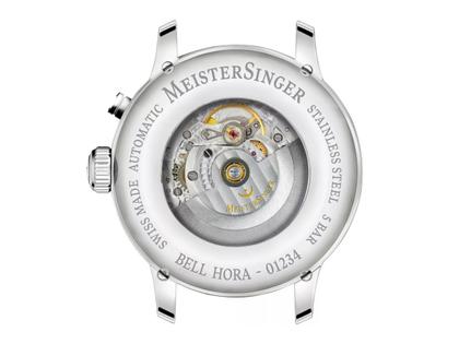 MeisterSinger Bell Hora Automatik Edelstahl mittelblau Lederband braun – Herrenuhren Uhr ohne Datum aus Edelstahl. Das Gehäuse ist rund und silber. Das Lederarmband ist braun. Das Zifferblatt ist arabisch und blau. – Ansicht 3