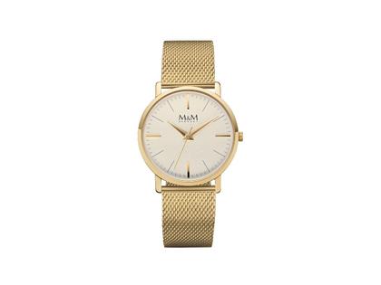 M&M New Classic Quarz Edelstahl IP-Gelbgold 34mm cremefarbenes Zifferblatt Metallband – Damenuhren Uhr ohne Datum aus Edelstahl, IP beschichtet und vergoldet. Das Gehäuse ist rund und gelbgold. Das vergoldetes Edelstahlarmband ist gelbgold. Das Zifferblatt ist ein Index in beige.