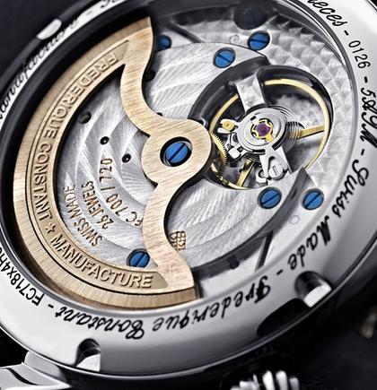 Frederique Constant Classics Worldtimer GMT Manufacture Automatik Edelstahl 42mm weißes Zifferblatt blaues Lederband – Herrenuhren Uhr mit Datum aus Edelstahl und Leder. Das Gehäuse ist rund und silber. Das Lederarmband Kroko / Alligator ist blau. Das Zifferblatt ist ein Index in weiß. – Ansicht 5